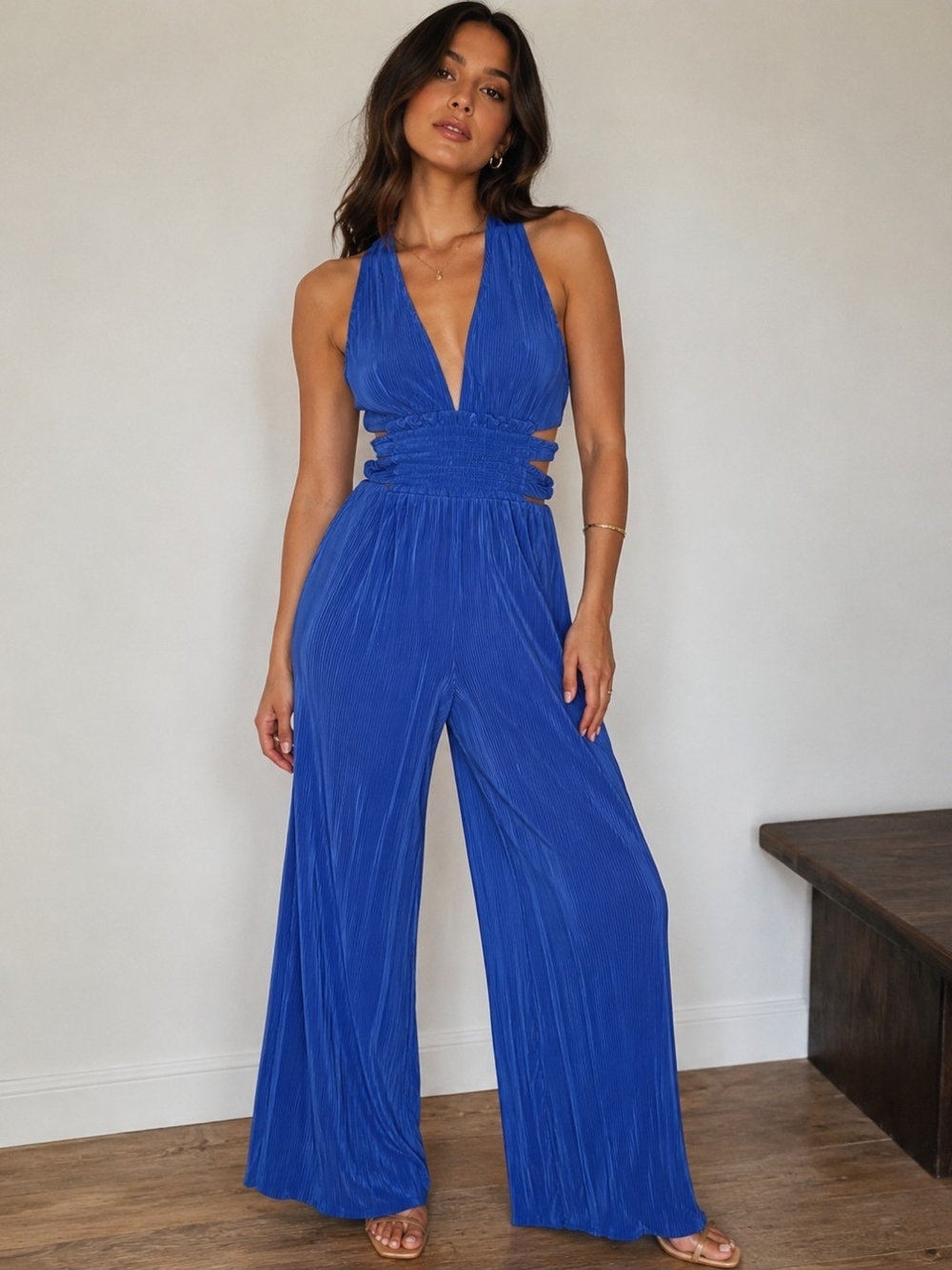 Kimchi Blue Bold Blue Plissé Halter Cutout Jumpsuit🎈